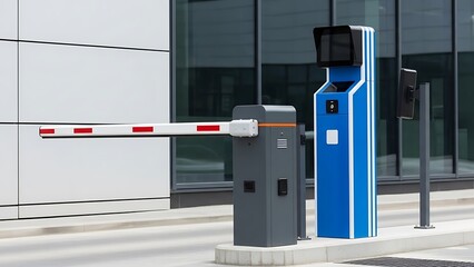 Automatic barrier gate system with blue access control terminal for parking lot or restricted area entry
