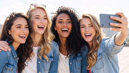 Obraz premium Group of diverse happy women taking a selfie with a smartphone. Cheerful female friends in denim jackets laughing outdoors. Friendship and social media concept