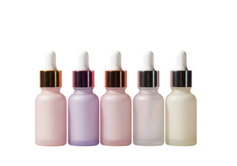 Five Frosted Glass Bottles with Dropper Caps in a Row Isolated on transparent background