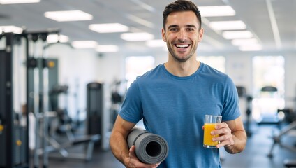 Happy young man smiling after a workout in the gym. Fit person holding a yoga mat and a glass of orange juice. Healthy lifestyle and wellness concept