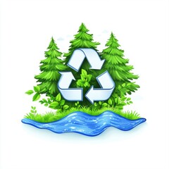 Green Trees and Water with Recycling Symbol for Environmental Awareness