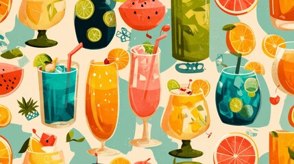 Cute drinks. Seamless pattern. Summer beverages background. 