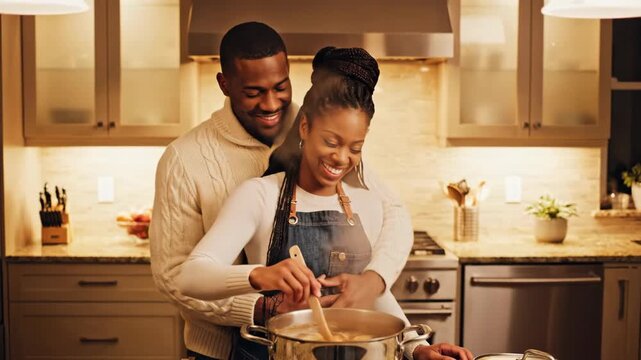 Affectionate Black couple cooking dinner together in a modern kitchen. A loving man hugs his wife from behind while she stirs a pot. Romantic evening and domestic lifestyle concept