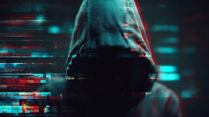 Cyber attack with unrecognizable hooded hacker using virtual reality, digital glitch effect