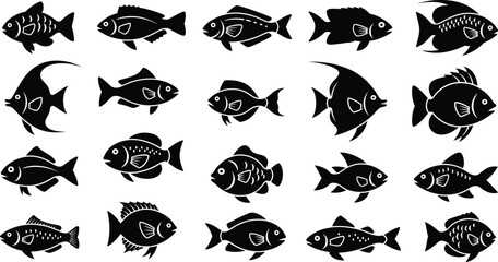 Twenty black fish silhouettes in grid layout on white background showcasing diverse species and fin structures for marine design