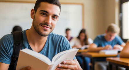 Fototapeta premium Young student reading book in library. University education, exam preparation and knowledge concept
