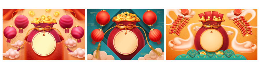 Chinese New Year elements set. Vector pouches and bags filled with gold and coins decorated with lanterns, fireworks and clouds. Festive holiday decorations for CNY. Prosperity and luck symbols
