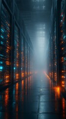 Data Technology Center Server Racks Working in Dark Facility. Concept of Internet of Things, Big Data Protection, Storage, Cryptocurrency Farm, Cloud Computing. 3D Render of Crypto Miners.