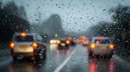 Defocussed traffic viewed through a car windscreen covered in rain, focus on raindrops
