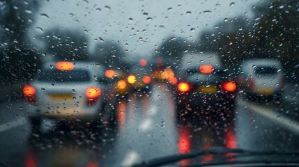 Defocussed traffic viewed through a car windscreen covered in rain, focus on raindrops