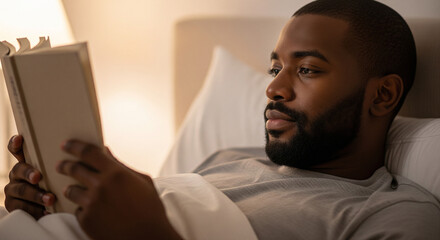 African american man reading book in bed. Relaxing morning, leisure and rest concept in bedroom