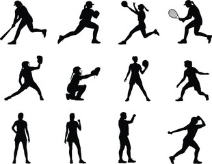 Obraz premium Dynamic silhouettes of athletes playing baseball, softball, tennis, and volleyball showcasing diverse sports actions, teamwork, and athletic performance