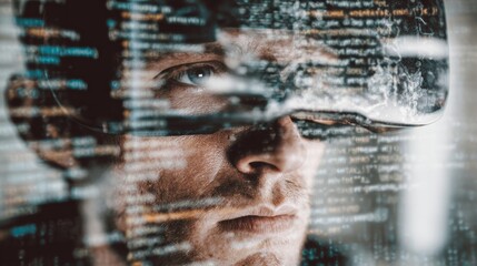 Double exposure of a caucasian man and virtual reality vr headset is presumably a gamer or a hacker cracking the code into a secure network or server, with lines of code