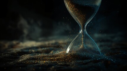 Hourglass sand time gravity surreal upward flowing glass concept dark. An hourglass with sand flowing upwards against gravity creating surreal and mysterious atmosphere with sparkling particles