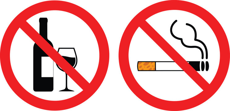 No alcohol and no smoking prohibition signs representing health safety rules and restricted behavior flat vector illustration