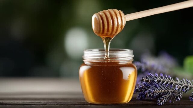 Golden Nectar: Honey drizzling into a glass jar, accompanied by a wooden honey dipper and lavender sprig, epitomizing the purity and natural sweetness of nature's golden treasure.