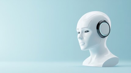 Futuristic White Robot Head with Headphones Against Soft Blue Background