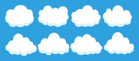 Fototapeta premium set of vector illustrations of clumpy clouds, cloud bubbles in flat style on a blue background 