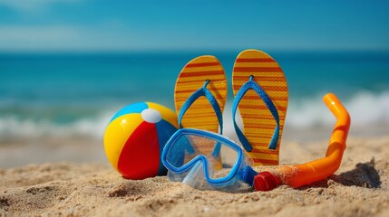 Family flip-flops, beach ball and snorkel on yellow sand against blue sea background. Summer vacation and travel concept 