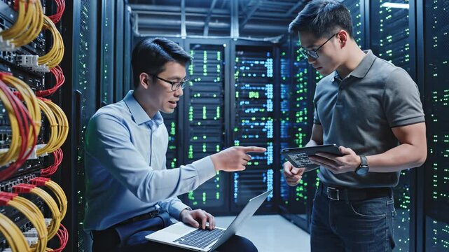Two men working in a server room