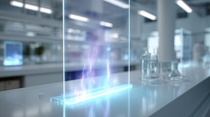 Modern lab with a bright, clean setting featuring an innovative holographic display