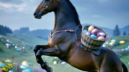 Horse carries basket of colorful eggs in green field during springtime celebration with flowers around