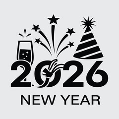 Happy new year 2026 with fireworks and confetti design. Modern black and white new year 2026 vector text illustration.