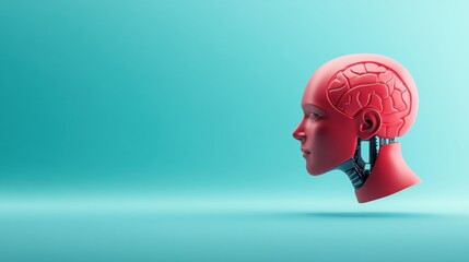 Futuristic Robot Head with Human Brain Concept on a Soft Blue Background