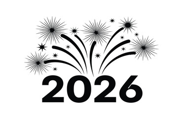Happy new year 2026 with fireworks and confetti design. Modern black and white new year 2026 vector text illustration.