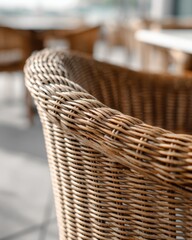 Obraz premium Close-up of wicker chair in outdoor setting for interior design and hospitality themes,National Wicker Day