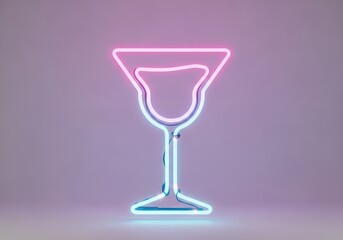 A vibrant neon sign shaped like a martini glass filled with liquid glows with pink and blue light against a soft purple gradient background