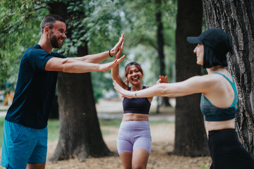 Three friends exercise together outdoors, celebrating a high-five in a park. They share a moment of energy and teamwork during a fitness session.