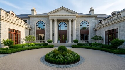 Elegant Mansion with Landscaped Entrance: A grand mansion, featuring neoclassical architecture, manicured gardens, and a circular driveway. The image exudes wealth and sophistication.
