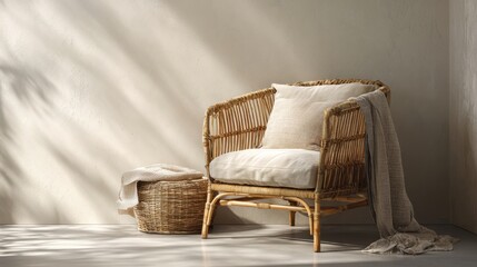 Cozy rattan chair in sunlit minimalist living space,National Wicker Day