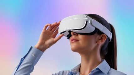 Woman using virtual reality headset in modern space while interacting with digital content