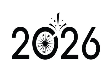 Happy new year 2026 with fireworks and confetti design. Modern black and white new year 2026 vector text illustration.