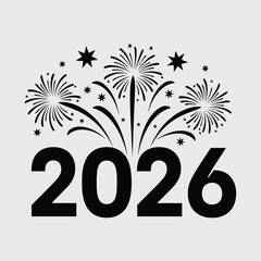 Happy new year 2026 with fireworks and confetti design. Modern black and white new year 2026 vector text illustration.