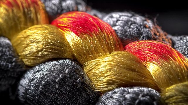 Macro shot of fireproof embroidery threads intertwined with protective gear fabric illustrating their superior heat tolerance and flameresistant properties for safety apparel.