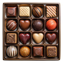 Box of delicious gourmet chocolates with various shapes on transparent background top view