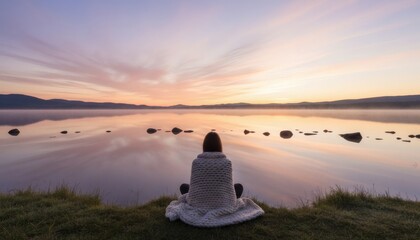 A lone stone monument silhouetted against a vibrant sunset over calm water