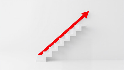 Red arrow pointing upwards on white stairs symbolizing growth and progress