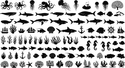 Obraz premium Black marine life and nautical silhouette icon set with fish, sharks, whales, coral, anchors on white background