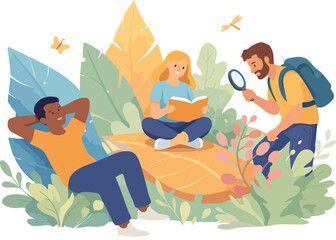 A flat vector illustration showing three people relaxing and exploring nature together, with one reading a book, one examining plants with a magnifying glass, and one resting among 