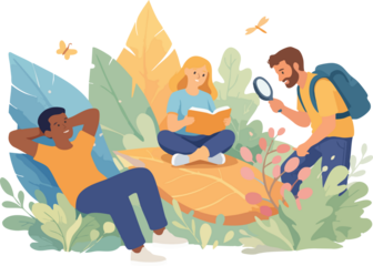 A flat vector illustration showing three people relaxing and exploring nature together, with one reading a book, one examining plants with a magnifying glass, and one resting among 