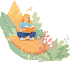 A flat vector illustration of a young woman sitting cross-legged on a large leaf, peacefully reading a book while surrounded by soft foliage and a butterfly in a calm nature setting