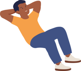 A flat vector illustration of a relaxed man reclining with hands behind his head, smiling calmly in a minimal modern style.