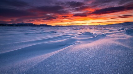 Fototapeta premium Vibrant Sunset Over a Serene Winter Landscape with Snow Drifts.