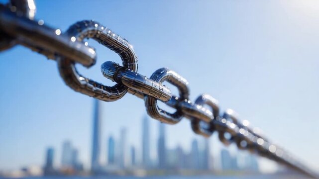 Strength in Structure: A robust metallic chain, symbolic of interconnectedness and resilience, stretches against a backdrop of a city skyline, representing strength and unity.