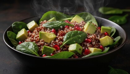 A vibrant quinoa salad featuring avocado spinach and pomegranate seeds