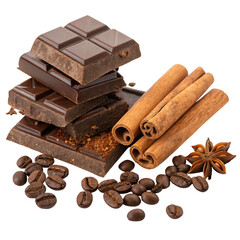 Stack of dark chocolate bars surrounded by cinnamon sticks coffee beans and star anise